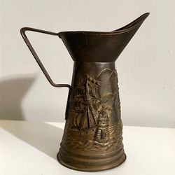 Antique Embossed Peerage Brass Pitcher Jug Ship And Lighthouse Barn Decor