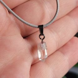 Pendant Clear Quartz Point [.5"] Natural Crystal + Adjustable Grey Necklace