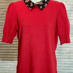 CeCe Red Short-Sleeve Knit Top with Black Floral Peter Pan Collar Size M