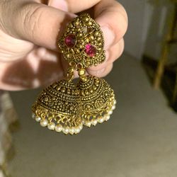 Golden And Pink Stone Earrings 