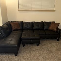 Like New Black Leather Sectional Couch