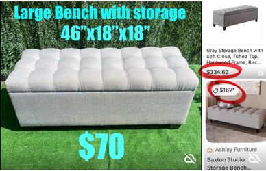 $70 LARGE BENCH WITH STORAGE 46” WITH SAFETY HINGES GREAT FOR END OF BED,ENTRYWAY,LIVING ROOM ETC