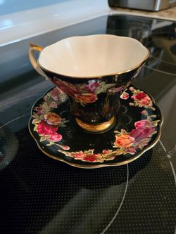 Bone China Black Floral Porcelain Tea Cup and Saucer