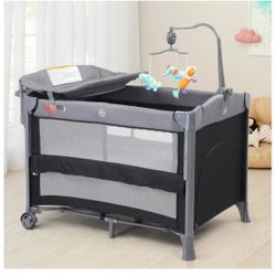 5-in-1 Pack and Play Baby Bassinet Bedside Crib Co Sleeper with Toys & Music Box, Mattress, Foldable Playard, Playpen Travel Bed Nursery Center for Gi