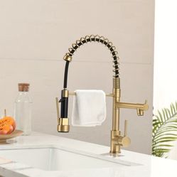 New! Brushed Golden Commerical Kitchen Faucet With Pull Down Sprayer, Champaign Golden Single Handle 2 Spout Spring Kitchen Sink Faucet With Lock