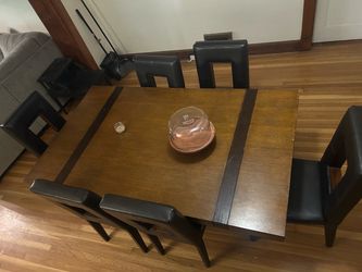 6-Piece Dining Room Table Set – Black Leather Chairs