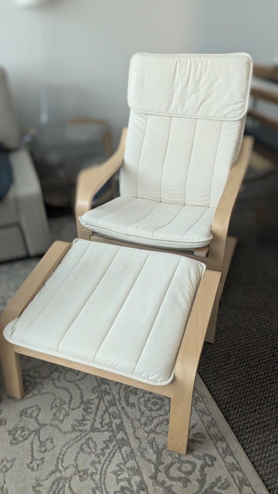 Ikea Poang Chair with Ottoman Birch Wood Excellent Gently Used