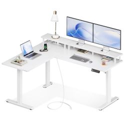 AODK Electric L-Shaped Standing Desk, 59 Inch Height Adjustable Office Desk with Monitor Stand, Sit-Stand Desk with Power Outlets, Large Lift Table fo