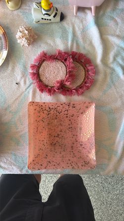 Pink plate, two pink drink coasters