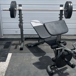 Bench, Rack, Bar And Weights 