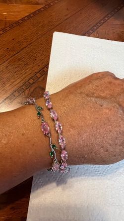Silver Tone Pink and Green Crystal Tennis Bracelet