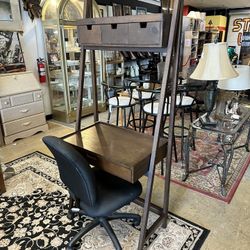 Dark Wood Ladder Desk with Drawers & Light