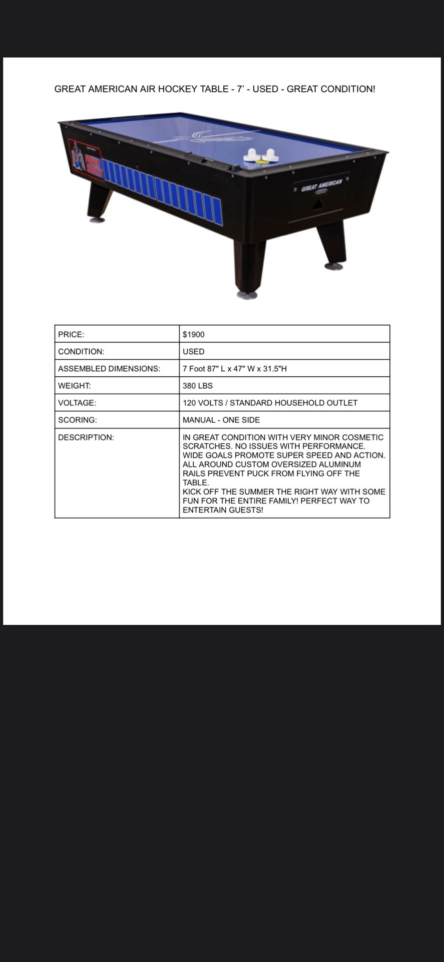 Great American Air Hockey Table