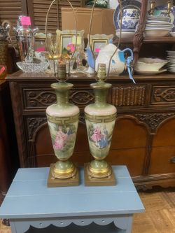 Antique pair of French signed hand painted lamps brigerton style