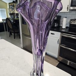 Large 20" Signed Adam Jablonski Polish Art Glass Vase - Purple/Amethyst
