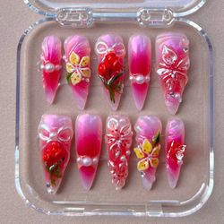 Pink 3D Floral Press-On Nails | Pearl & Rose Charms | Elegant Girly Set