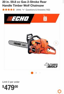 20 in. 59.8 cc Gas 2-Stroke Rear Handle Timber Wolf Chainsaw