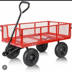 SUNNYFEEL 500 Lbs Capacity Heavy Duty Mesh Steel Garden Cart,Folding Utility Wagon with Removable Sides,10 Inch Flat Free Tires, Red