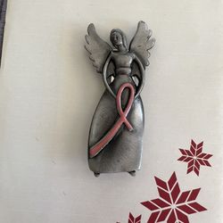 AVON Breast Cancer Crusade Money Clip Visor Clip Pewter Pink Enamel Ribbon