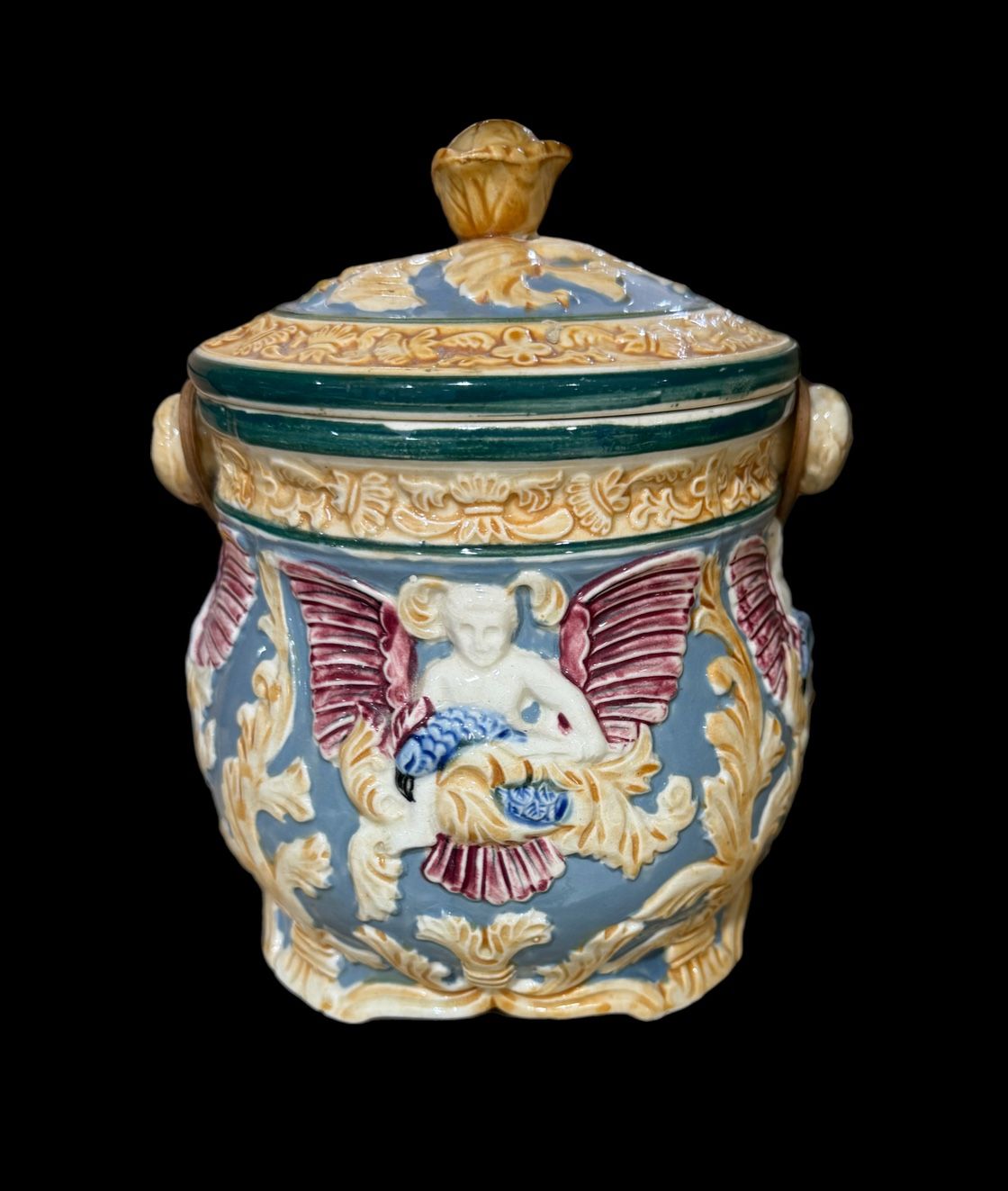 Antique Japanese Majolica Cherub Biscuit Jar