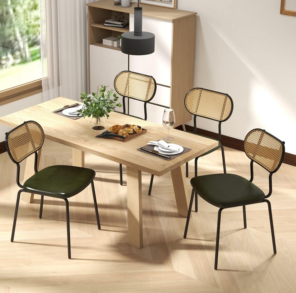 Rattan Dining Chairs Set of 4, Kitchen Chairs, Green Leather Boho Dining Room Chairs, Mid Century Modern Woven Upholstered Chair with Metal Leg Cane C