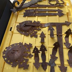 Various vintage hinges and gate handle