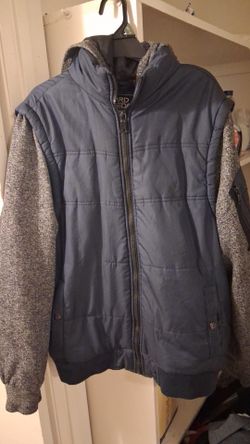 Mens blue and Grey colored zip up jacket with hoodie size large by (hard edge)