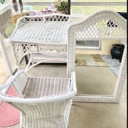 Three-piece wicker vanity/desk with chair Mirror and bonus magazine book stand free