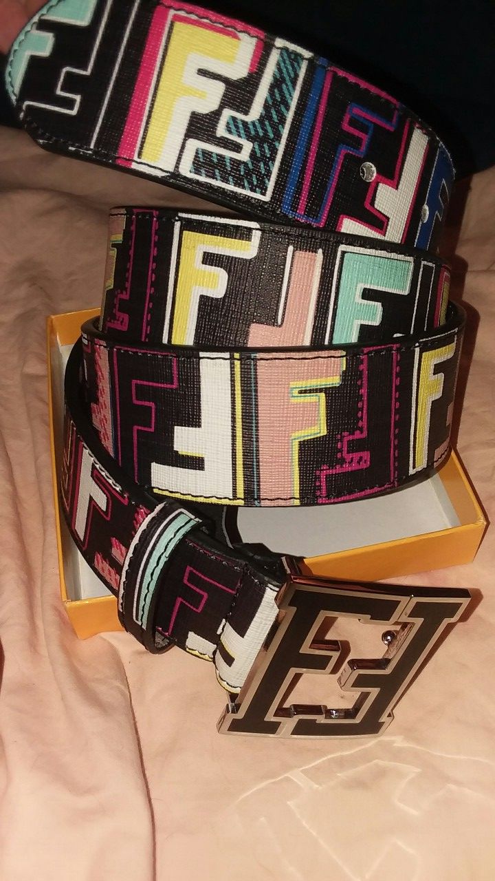 115cm(32-38w)Fendi MultiColor on Black Leather Belt