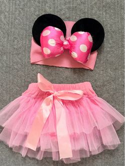 Baby Pink Minnie Mouse Tutu Skirt & Ears Headband Set