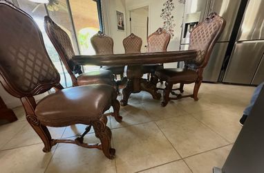Wood/Glass Round Dining Table W/6 Chairs