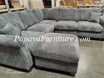 NEW Modern Dark Grey Fabric Sectional Sofa and Ottoman Set Seccional Couch Big Ashley Style SALE Large Discount Furniture Modern Classic Gray Black