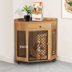 Wooden Dog Kennel End Table with Storage Drawer and Wheels, Corner Dog Crate Furniture, Indoor Dog House with Metal Mesh Door, Vintage Style 