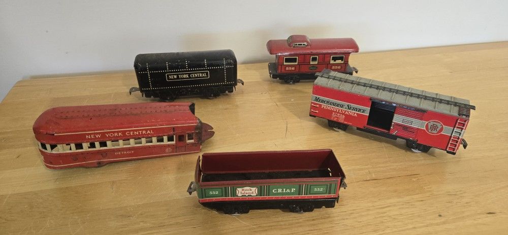 Five Vintage Tin Train Cars