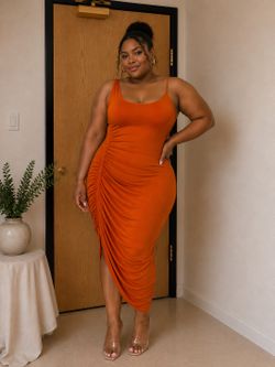 Burnt Orange Ruched Bodycon Dress