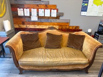 Vintage French Provincial Carved Camelback Sofa – $175