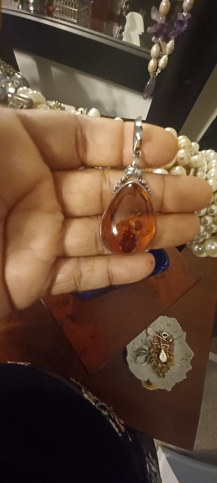 Vintage Sterling Silver Amber Pendant And Necklace