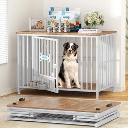 41" Dog Crate Furniture Foldable, No Assembly Decorative Dog Kennel Indoor, Dog Crates for Large Dogs(35-60 lb), Wooden Dog Crate with Adjustable Bowl