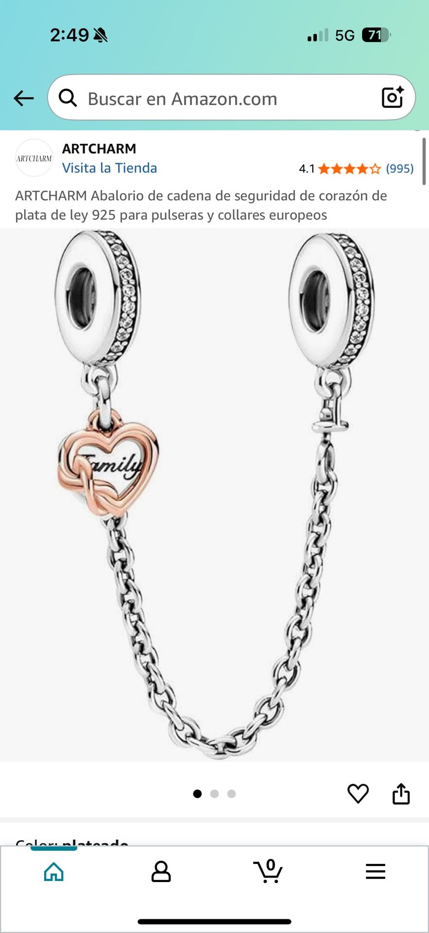 ARTCHARM Heart Safety Chain Charm 925 Sterling Silver Beads fit European Charms Bracelet & Necklace