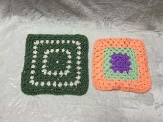 2 Vintage large crochet crocheted granny square doilies green white purple