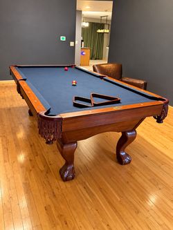 Elegant Traditional Pool Table – Solid Wood Look, Blue Felt, Leather Tassel Pockets
