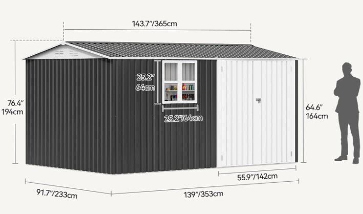 8x12ft Large Tool Storage Shed with Window, Lockable Doors, and Sloped Roof, Oversized Steel Outdoor Storage Shed for Garden, Patio, Garage, Backyard,