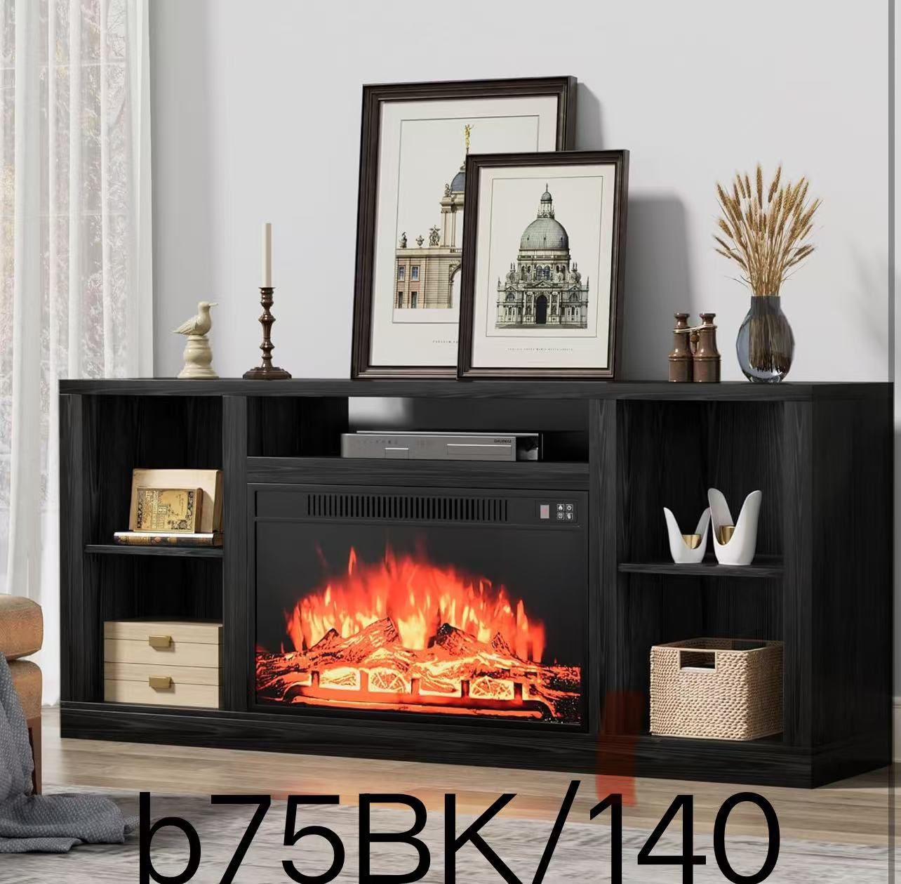 Electric Fireplace TV Stand for Televisions up to 65+ Inch, Media Entertainment Center Console Table with Four Open Storage Shelves & Cabinets, 58 Inc