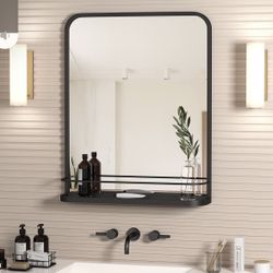 Black Metal Framed Bathroom Mirror with Shelf 30.7x25.2 Inch