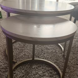 Set of Two Side Set Golden Frame Wooden Tables