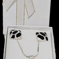 Sterling Silver Square Onyx Set ~ Pendant and Stud Earrings