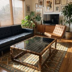 Drexel Mid Century Modern Faux Bamboo and Smoked Glass In-Set Coffee Table 