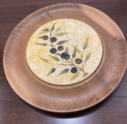 Handmade Wooden Serving Platter with Olive Ceramic Inlay