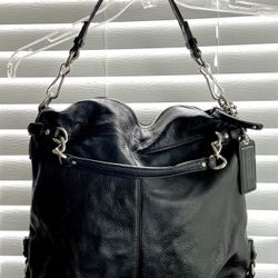 Coach Brooke Hobo Bag Purse Satchel Black Pebbled Leather Silver Chain