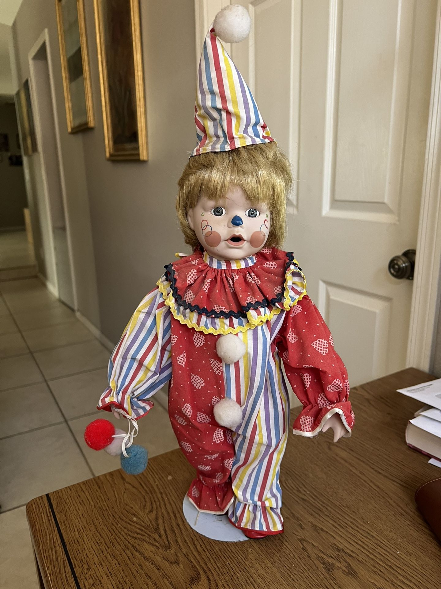 Vintage 16" Procrafts Handmade Porcelain Cloth Clown Doll Painted Face w Stand